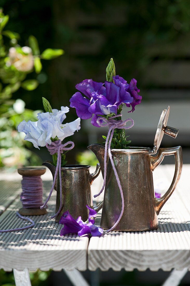 Posies of sweet peas and asparagus in silver coffee pots