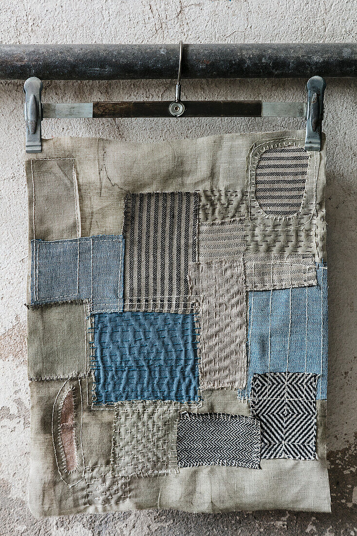 Tapestry made of linen and denim with patchwork design