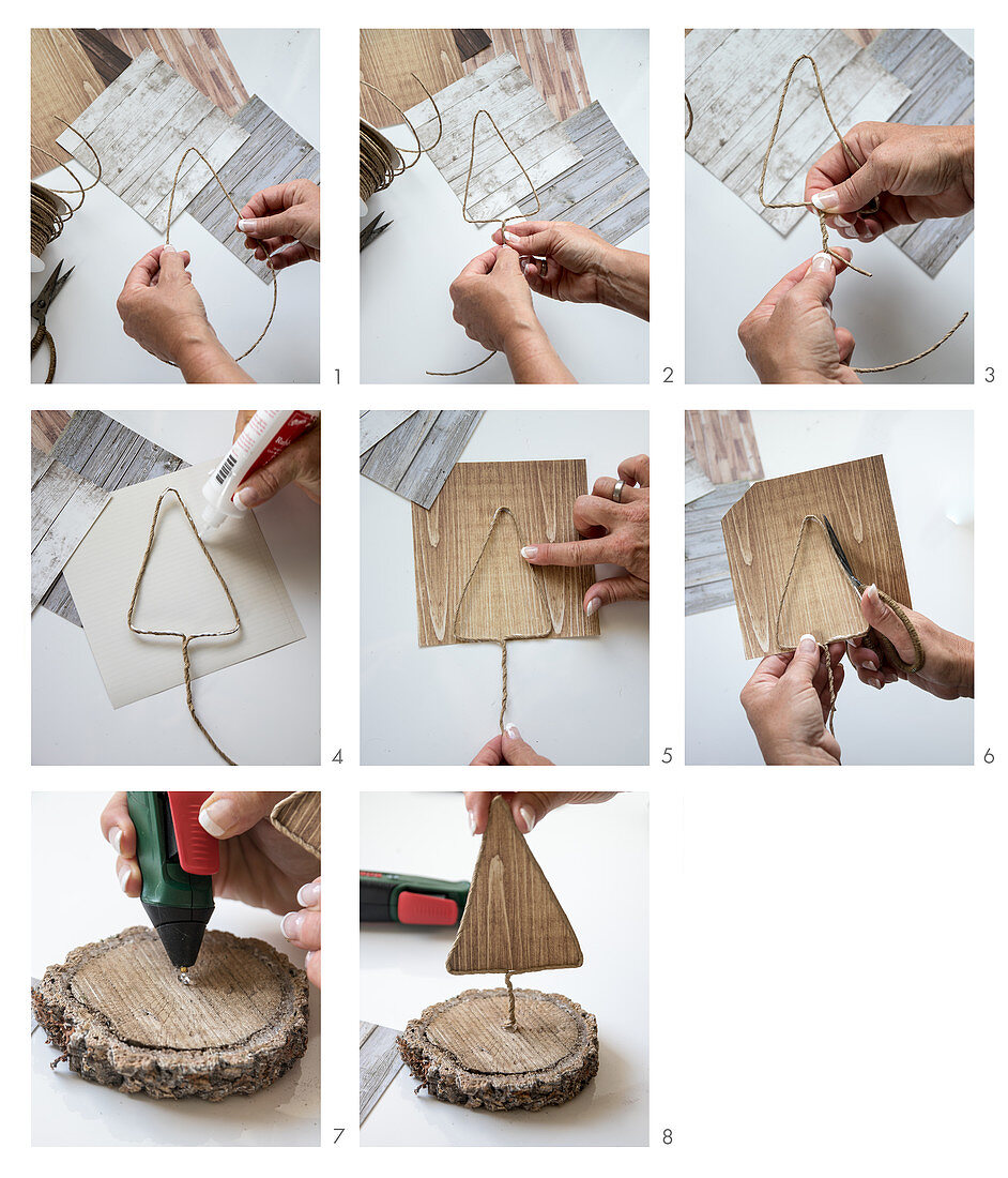 Deko-Tannenbäumchen aus Draht und Papier in Holzoptik selber basteln