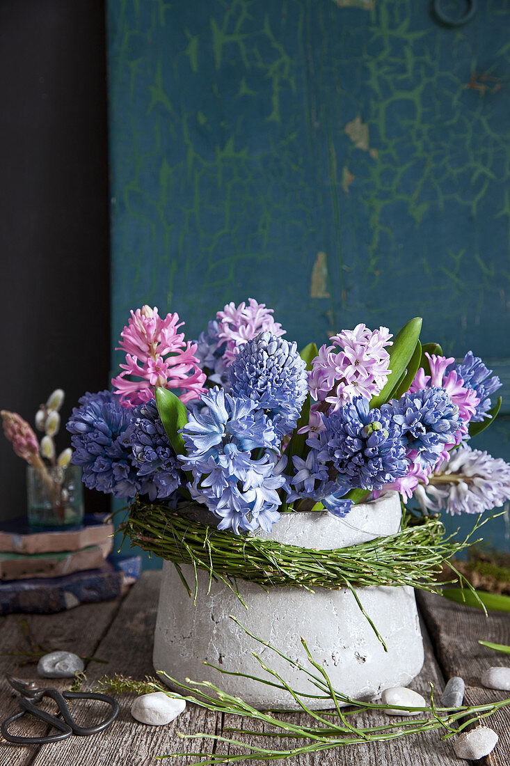 Hyacinths in vase with wreath of bilberry branches