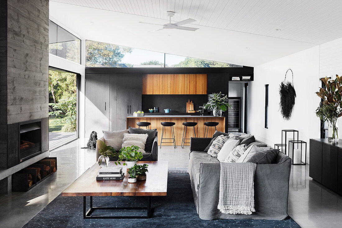 Moderner offener Wohnraum in Grau mit offener Küche und Gartenzugang