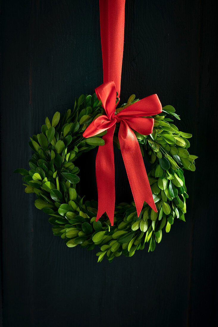 Christmas wreath of box leaves with red bow