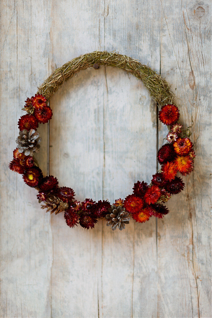 Wreath of hay with red everlasting flowers and pine cones
