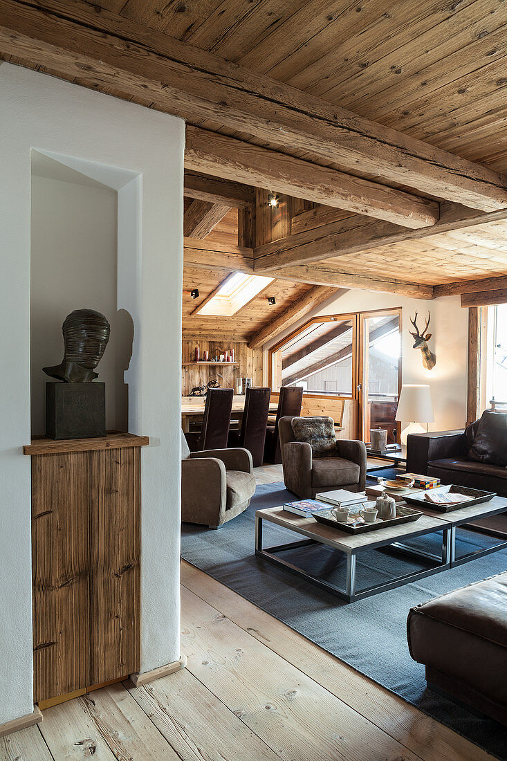 Moderner offener Wohnraum in Brauntönen im rustikalen Holzhaus