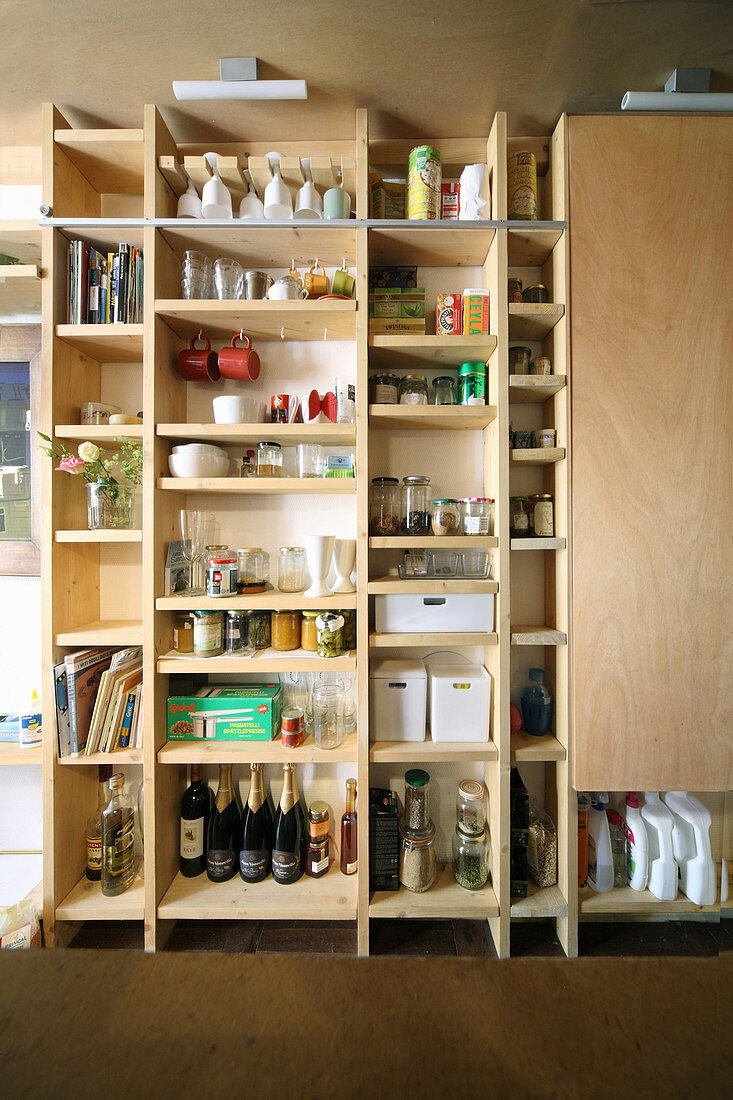 Groceries on shelves with sliding plywood door