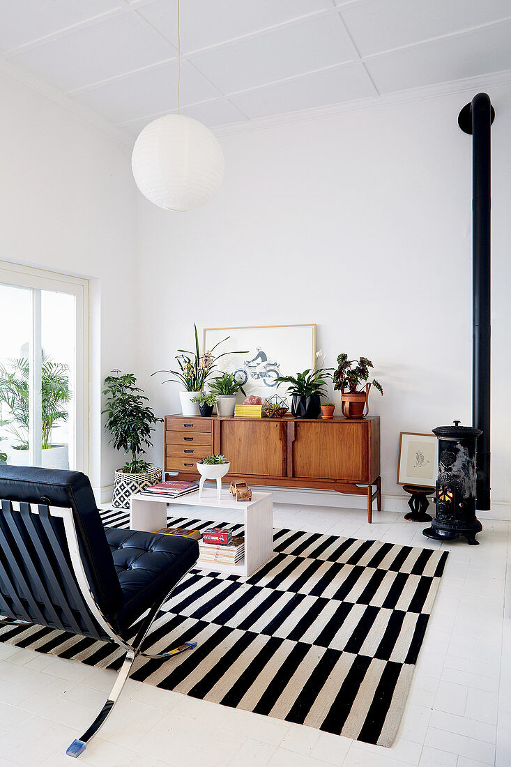 Numerous houseplants on retro sideboard in black-and-white living room