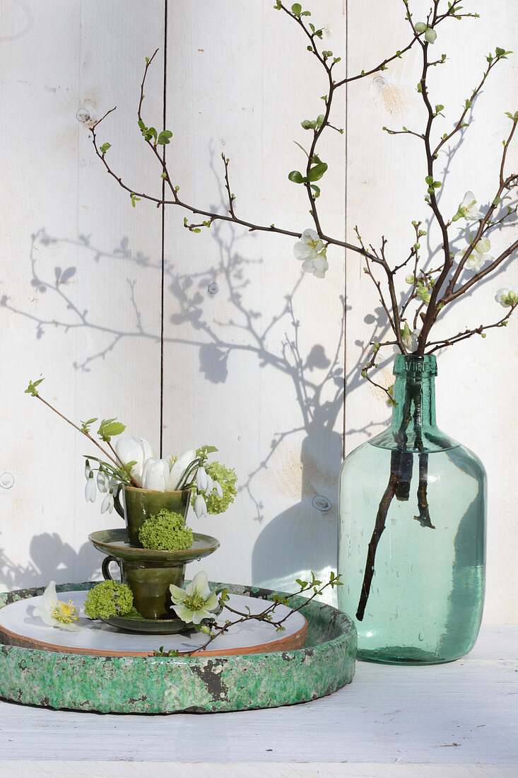 Blütenarrangement und knospende Zweige in Glasvase als Frühlingsdeko