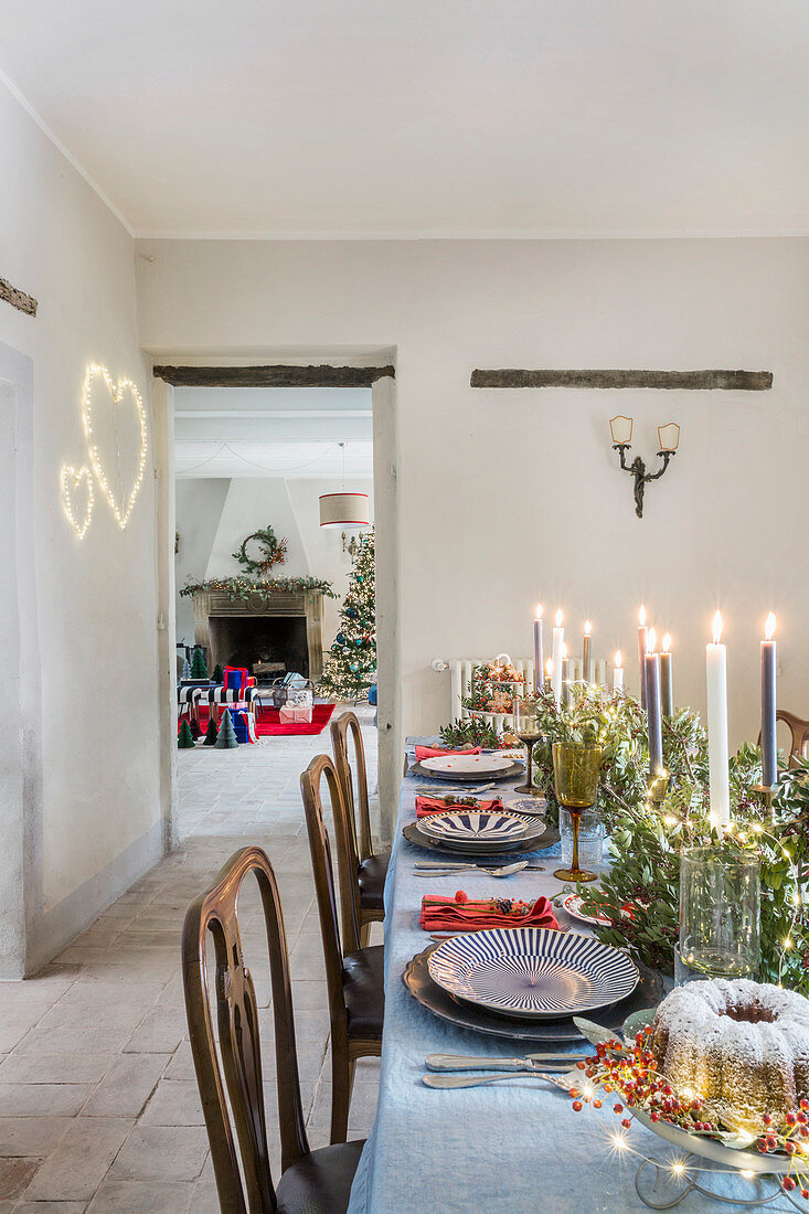 Festively set Christmas table in country house