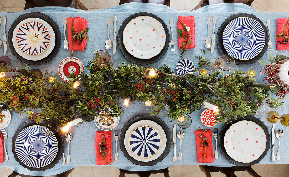 Festively set Christmas table seen from above