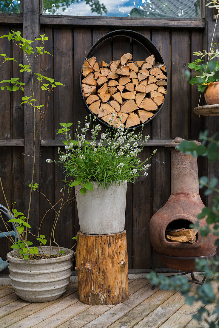 Planztöpfe und Ofen auf der Terrasse, rundes Regal mit Brennholz