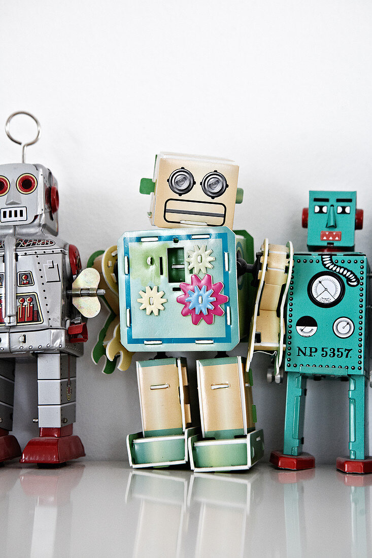 Colourful clockwork toy robots