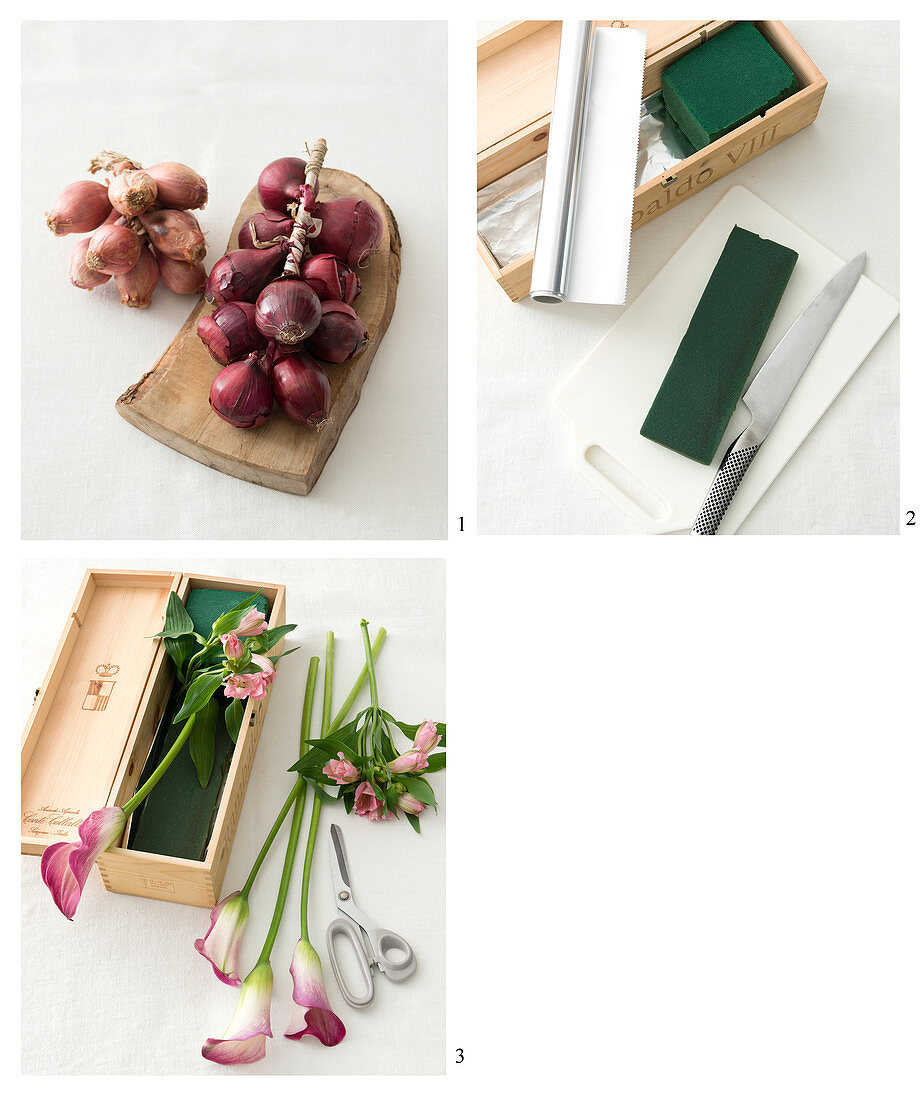 Instructions for making flower arrangement of Peruvian lilies, calla lilies and red onions in wine box
