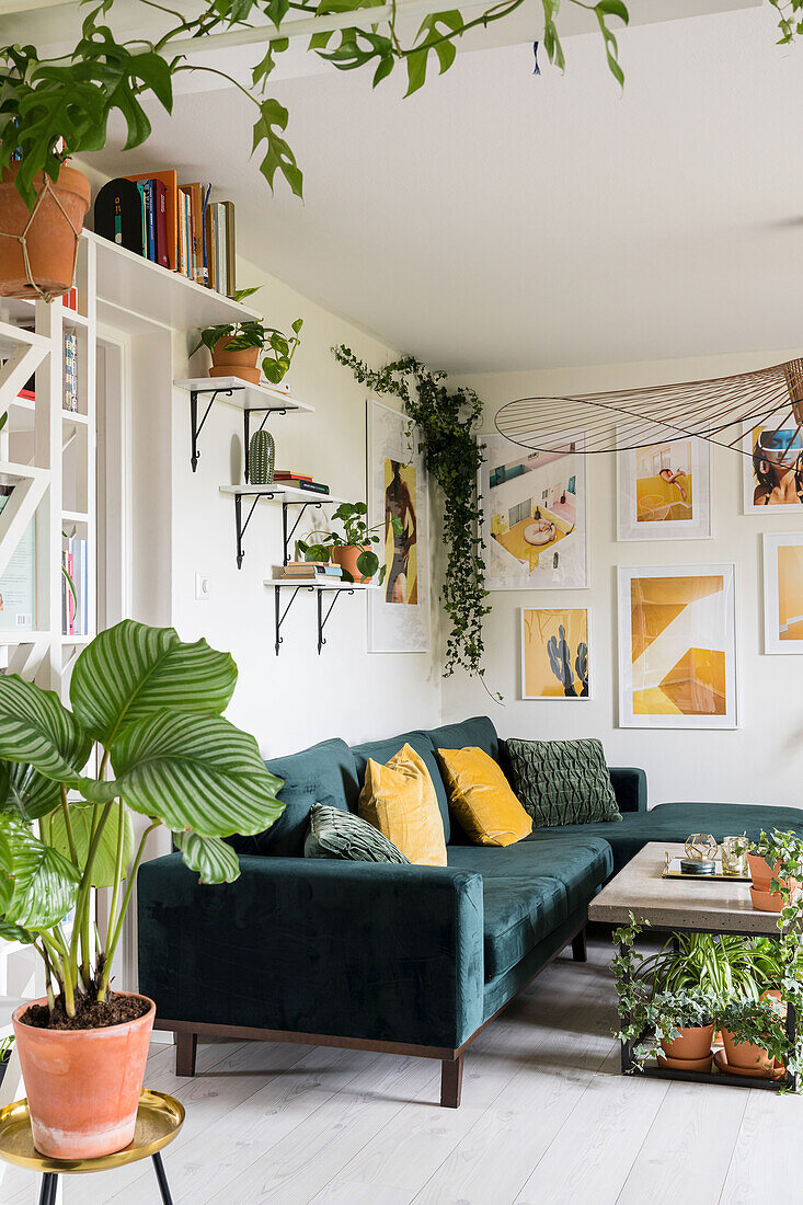 Viele Grünpflanzen, moderne Kunst an der Wand und Sofa im Wohnzimmer