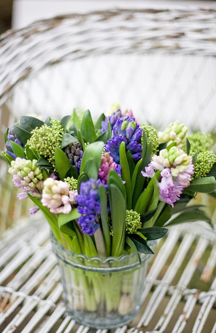 Scented bouquet of hyacinths and skimmia