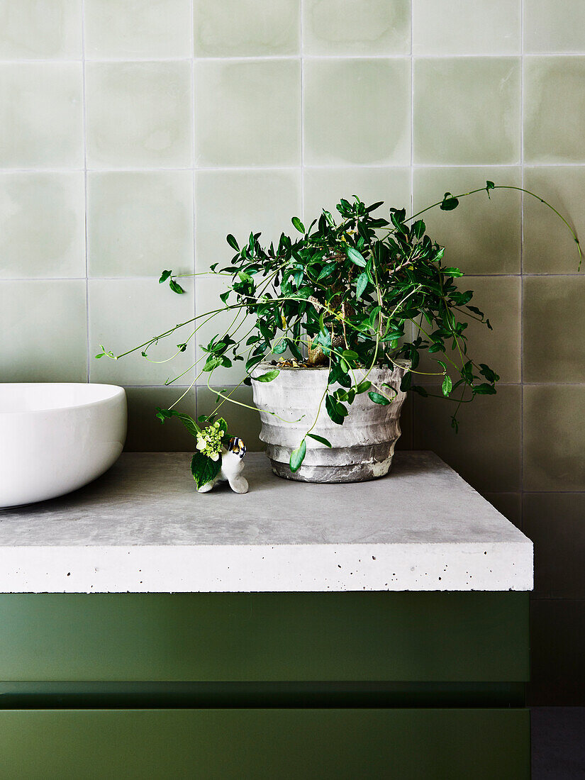 Olive green washbasin with concrete slab in bathroom