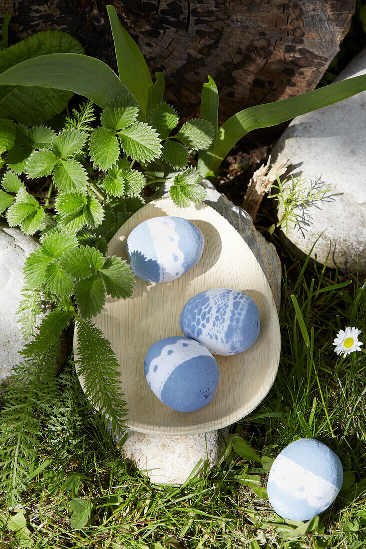 Blue Easter eggs with lace trim