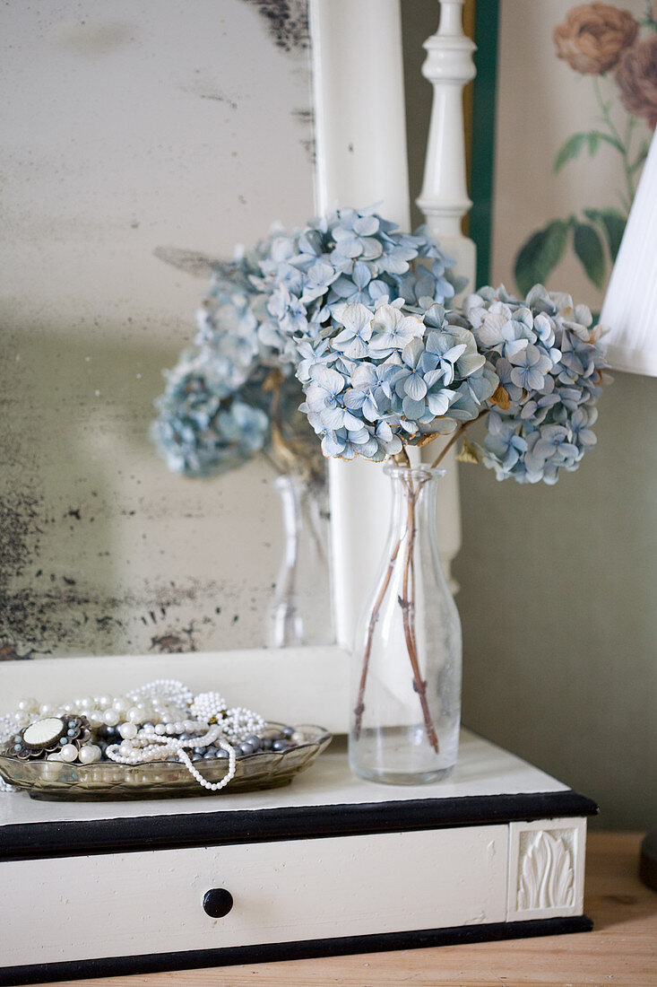 Getrocknete blaue Hortensien in einer Vase an altem Spiegel