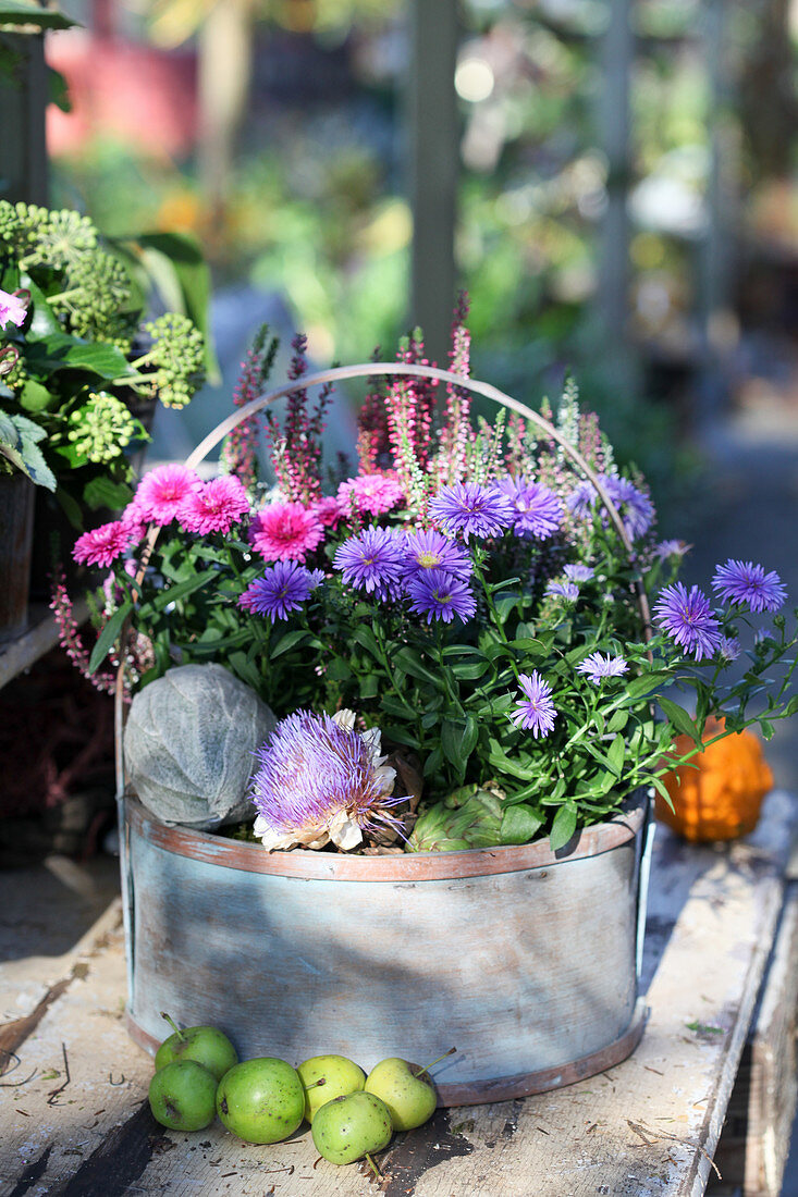 Round basket with asters and budding heather