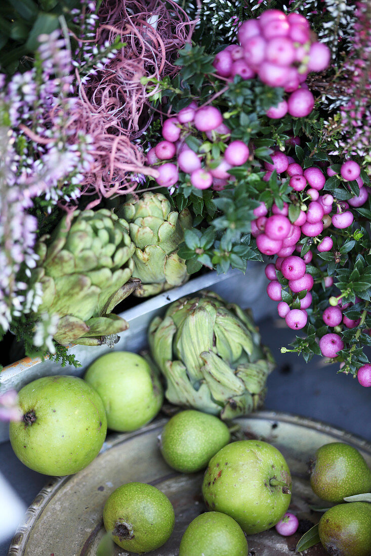 Sphagnum myrtle, artichokes, budding heather, green apples, and wooden pears