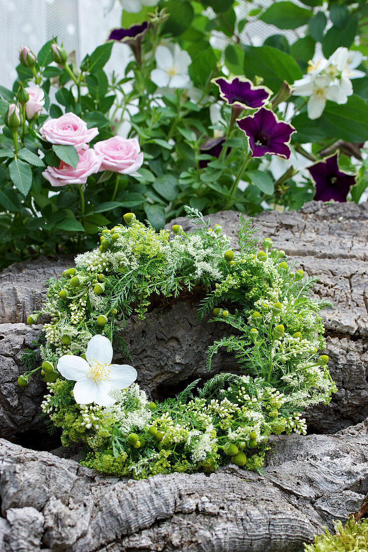 Wreath of privet blossoms, wild chamomile, Dogwood blossoms, and yarrow leaves