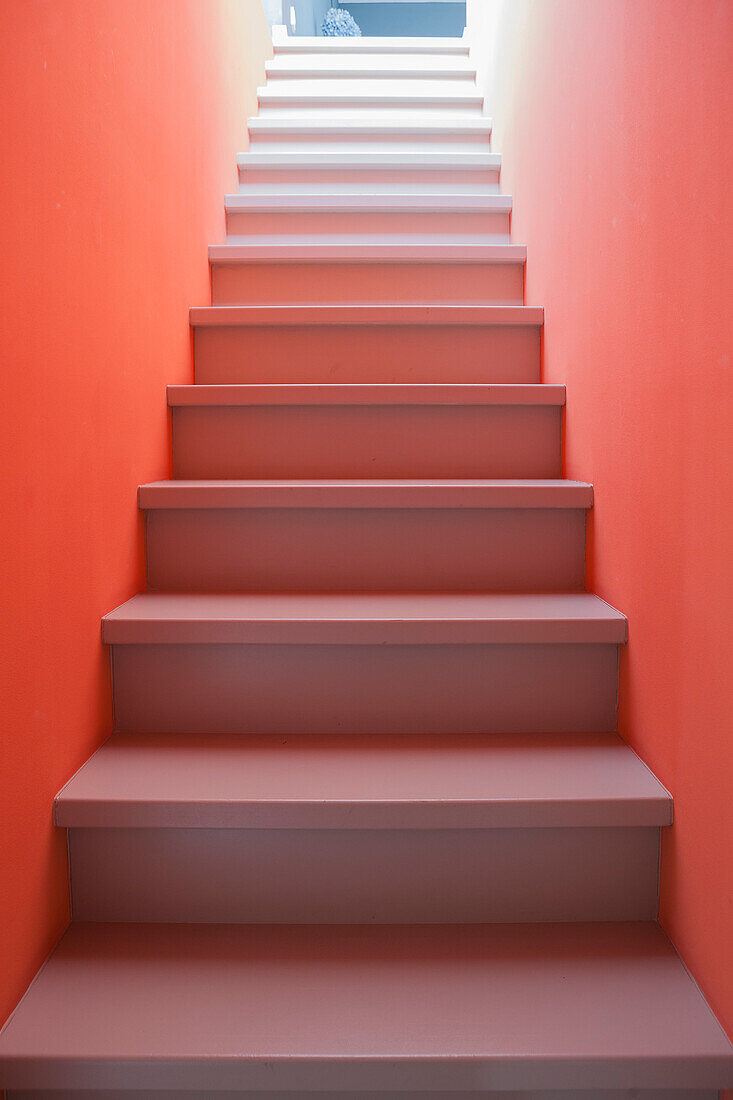 Staircase with salmon-pink walls
