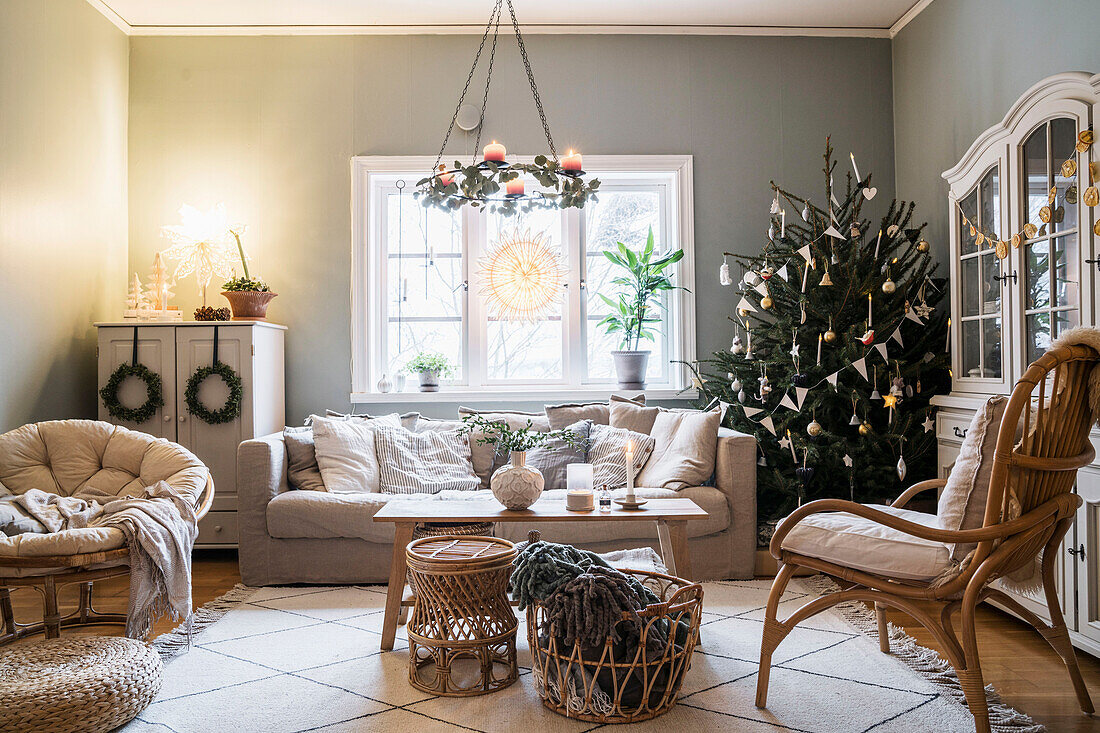 Cosy living room with Christmas tree