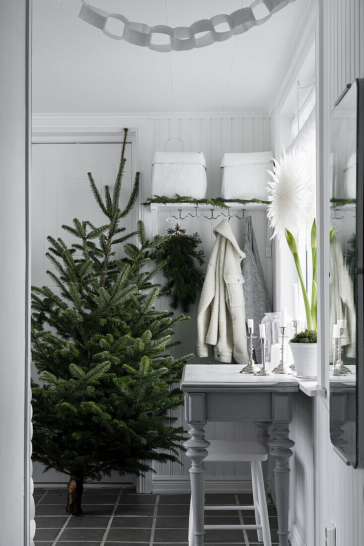 Kleiner Tisch vor Fenster, Garderobe und ungeschmückter Weihnachtsbaum in der Diele