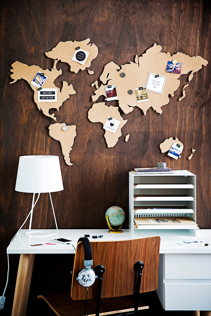 DIY pin board with world map made from cork