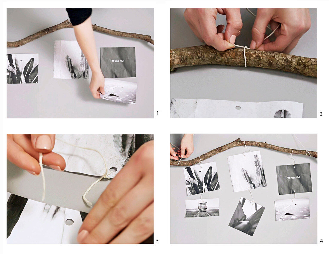 Making a mobile from a branch and black-and-white photos