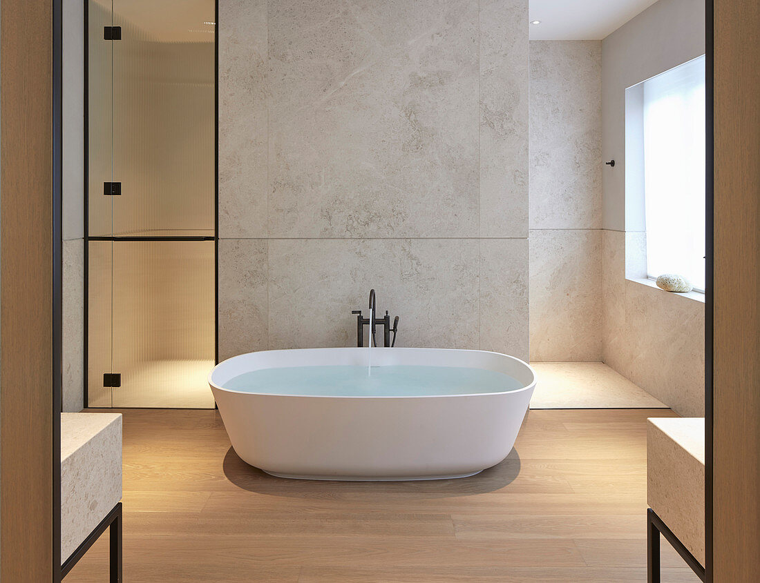 Free-standing bathtub in modern luxury bathroom