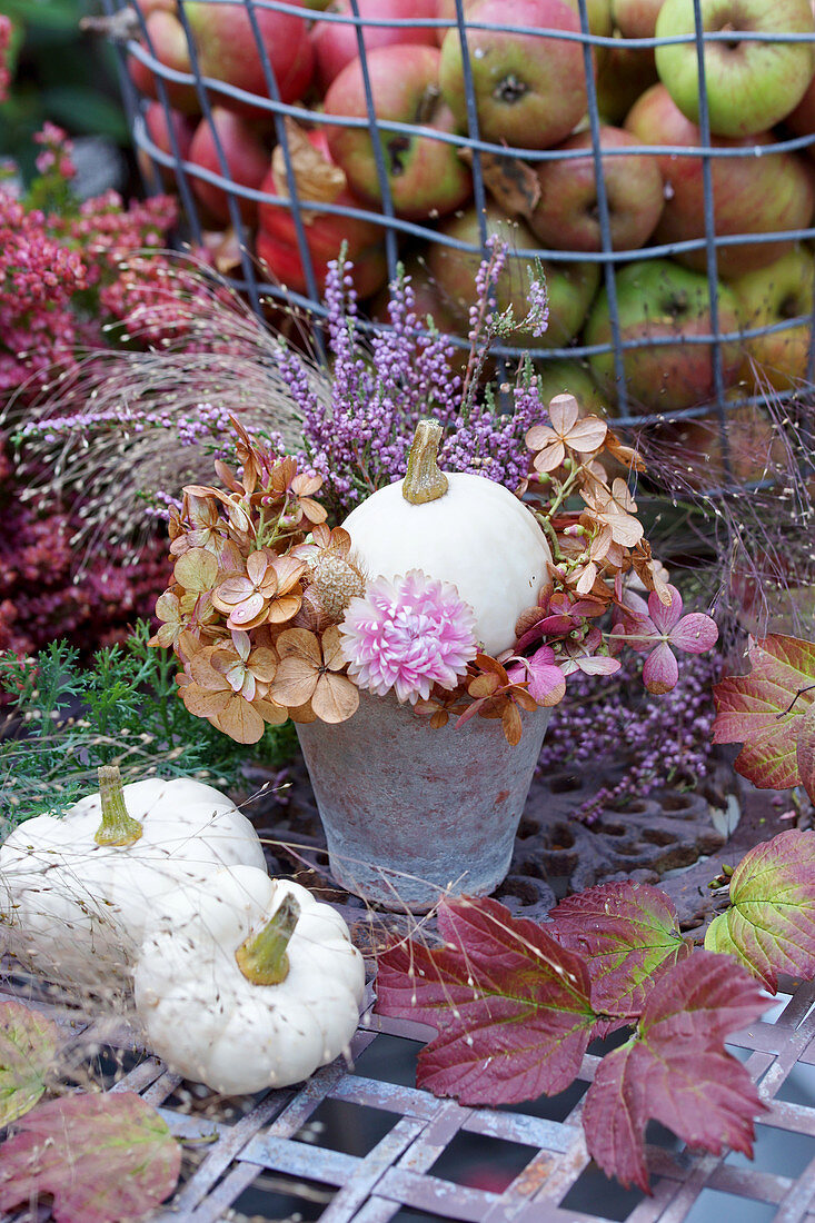Kleiner Herbststrauß mit Kürbis, Hortensienblüten, Strohblume, Besenheide und Hexengras
