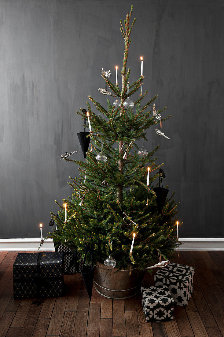 Weihnachtsbaum und Geschenke vor dunkler Wand