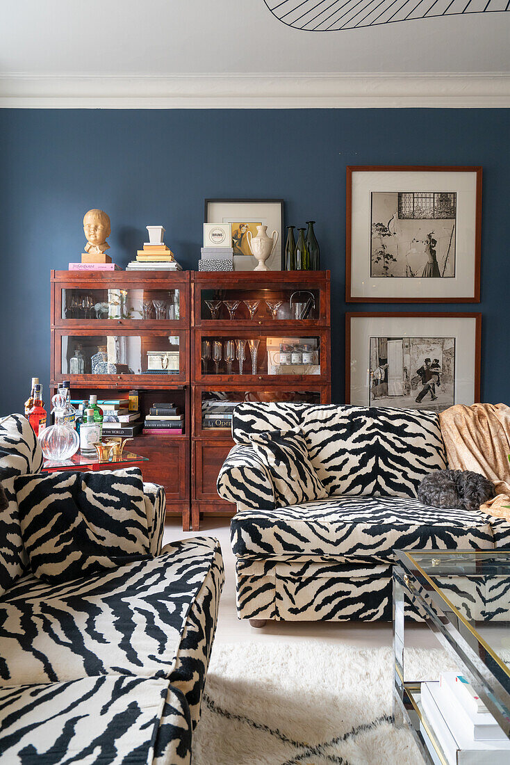 Sofa set with Animal print upholstery in front of glass cabinet in living room with blue wall
