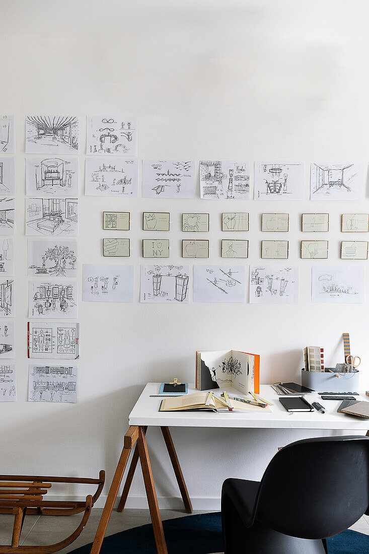 Sketches on the wall in the study