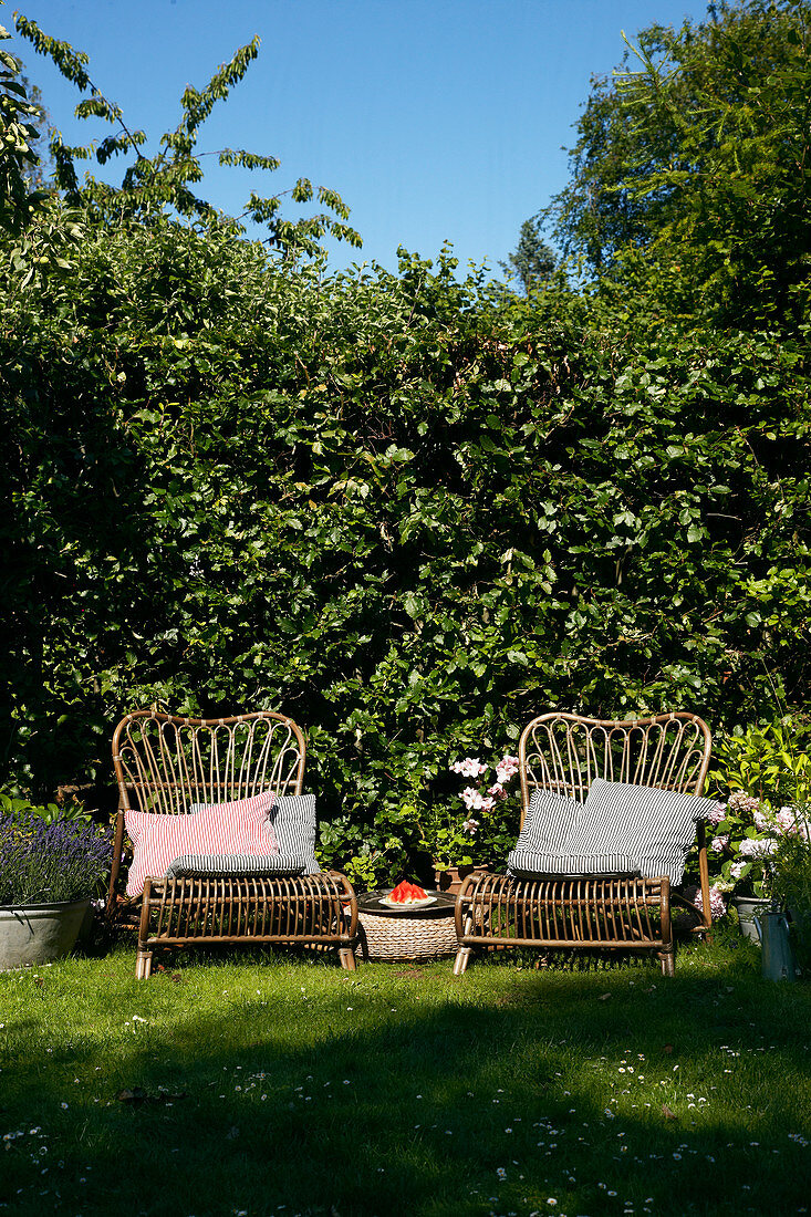 Rattan easy chairs with cushions in garden