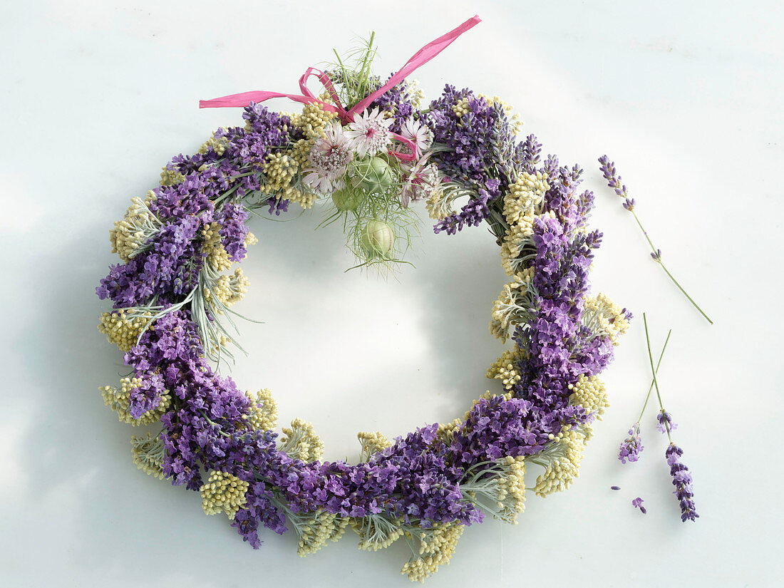 A lavender wreath on a light background