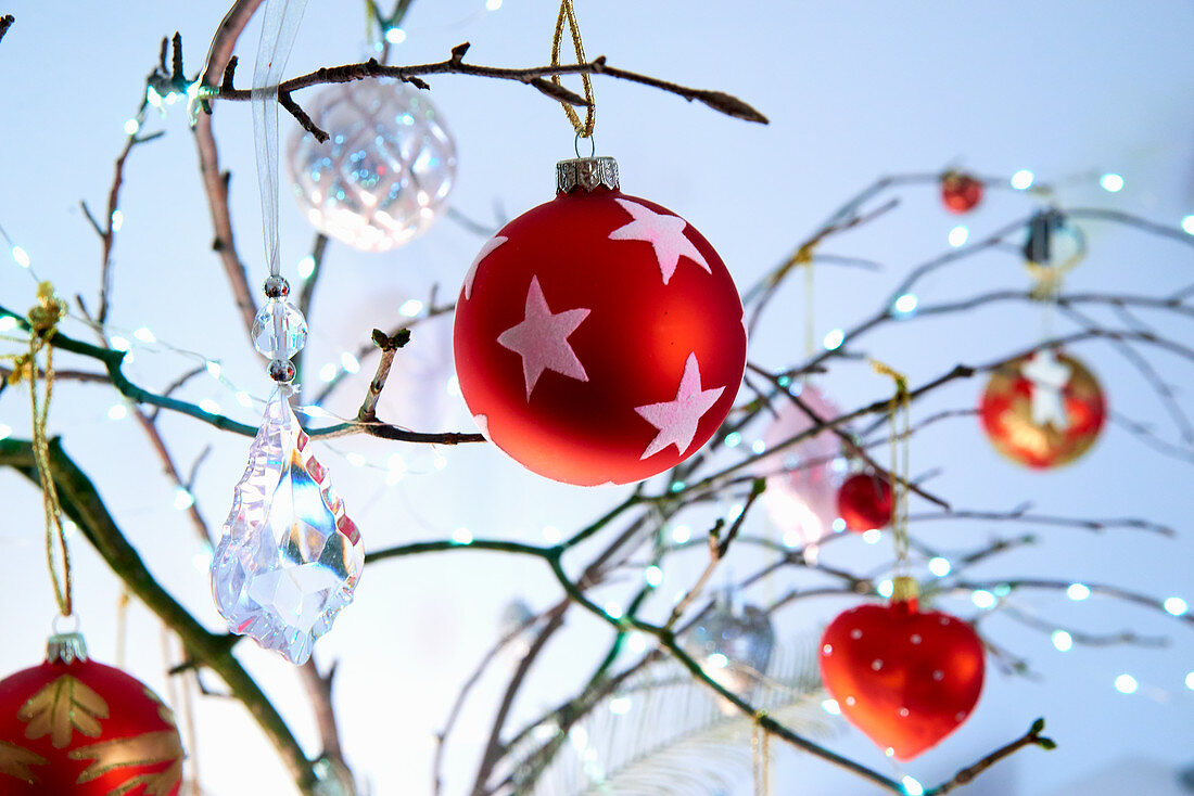 Christmas decorations in red, silver and glass