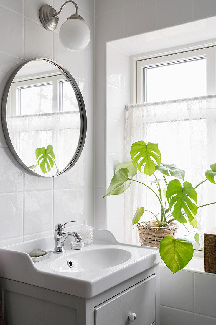 Waschbecken mit Unterschrank, runder Spiegel und Zimmerpflanze im Bad