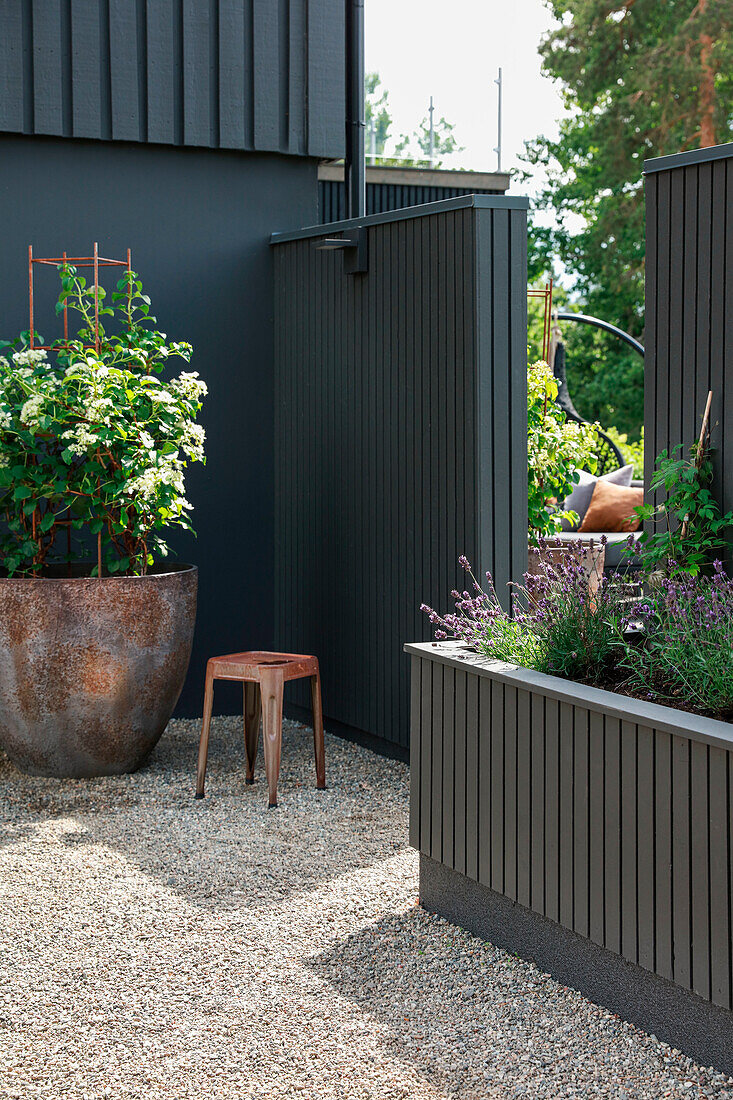 Large planter and raised bed against grey screen fence surrounding the courtyard