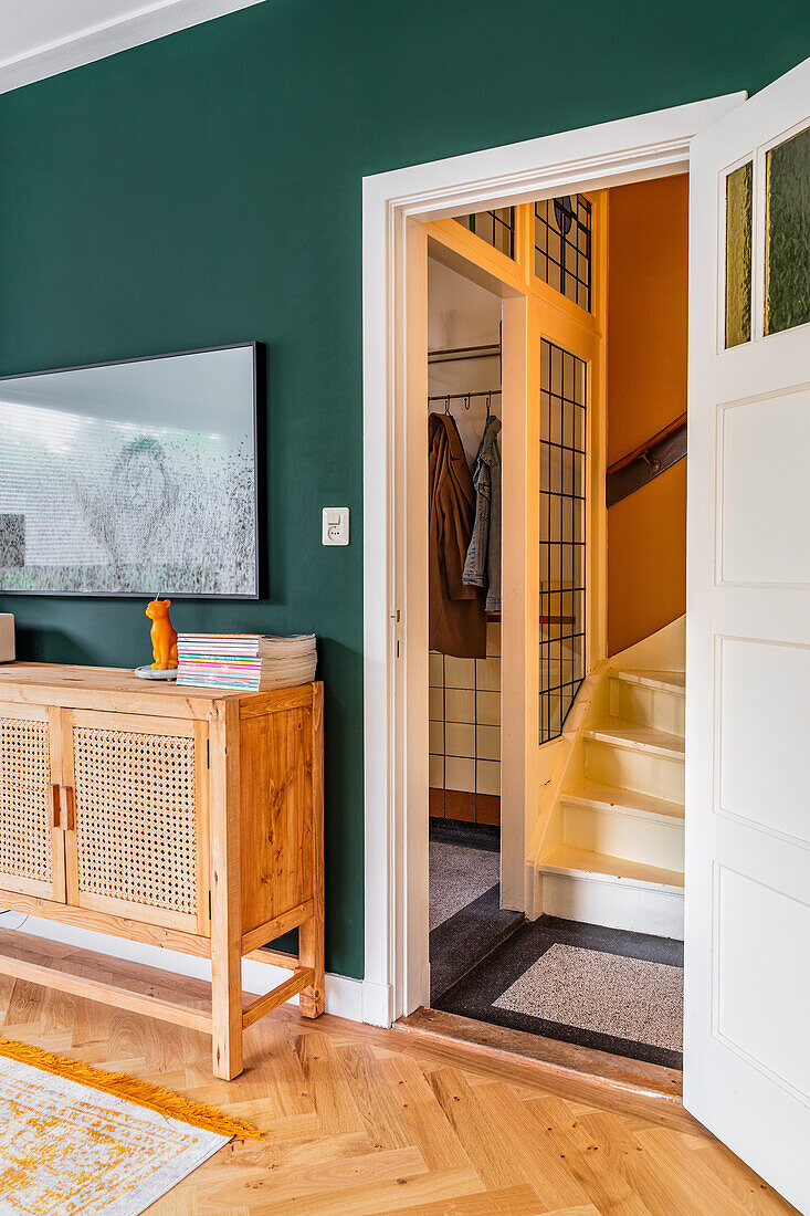 View from living room into hallway in period apartment