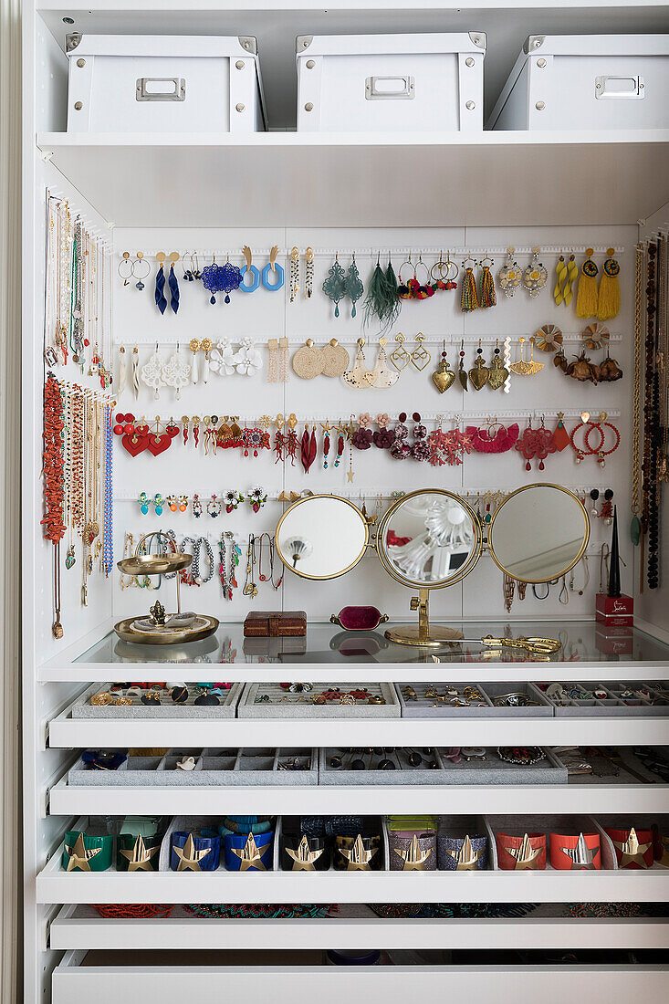 Jewellery collection and vanity mirrors in wardrobe