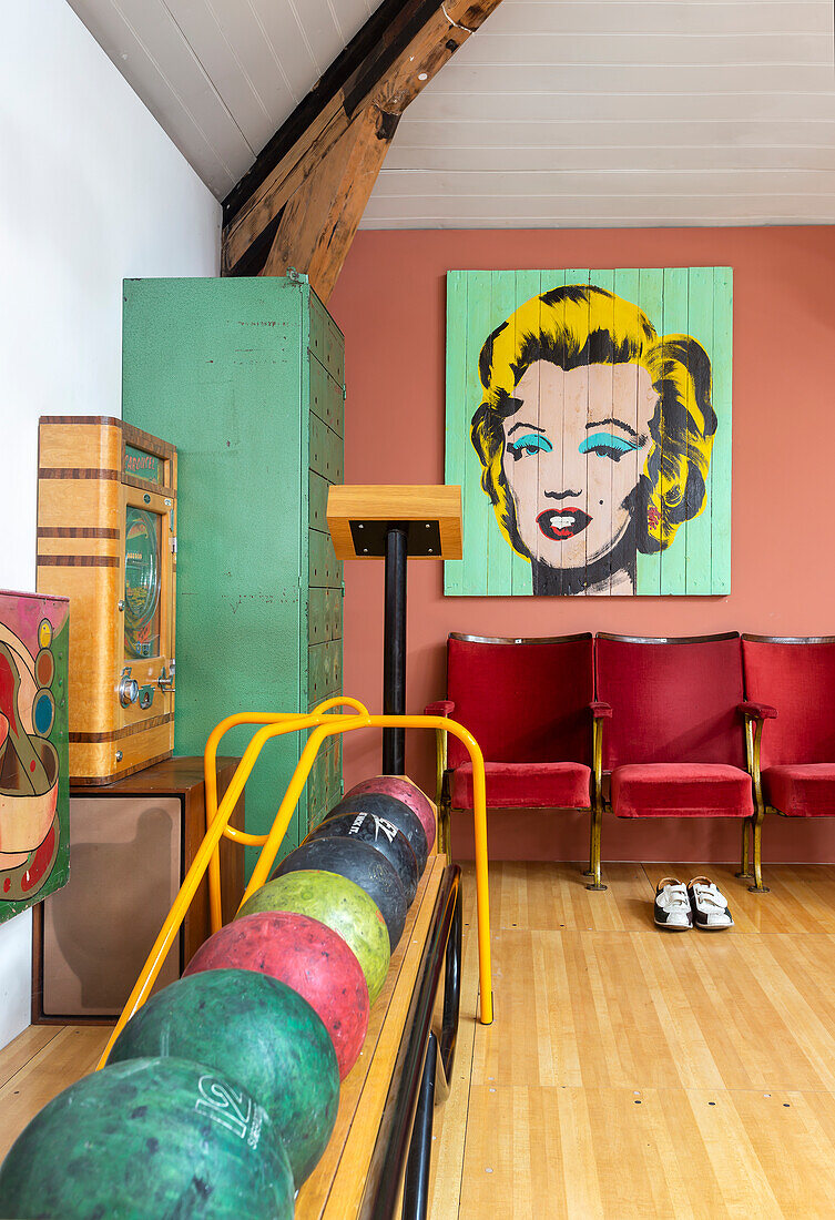 Old bowling alley, cinema chairs and Marilyn Monroe portrait