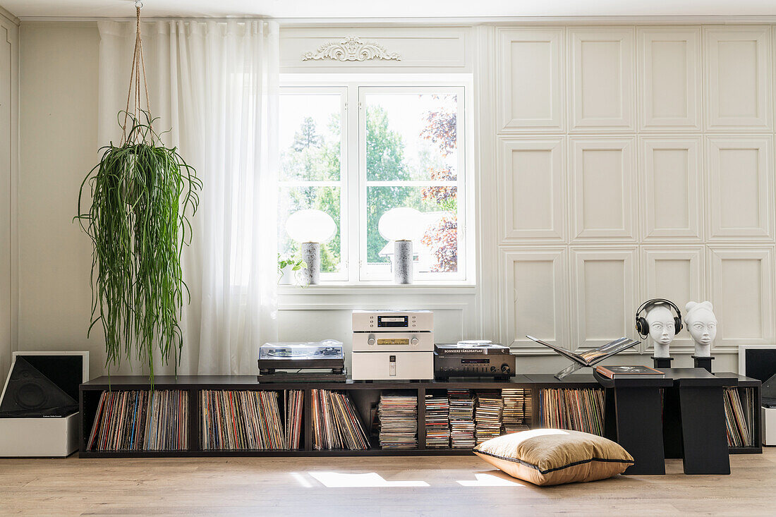 Record shelf below hanging houseplant in bright room with coffered panelling