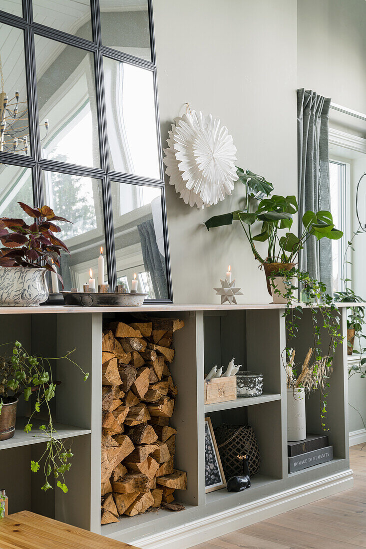 Zimmerpflanzen und Spiegel auf offenem Regal mit Kaminholz