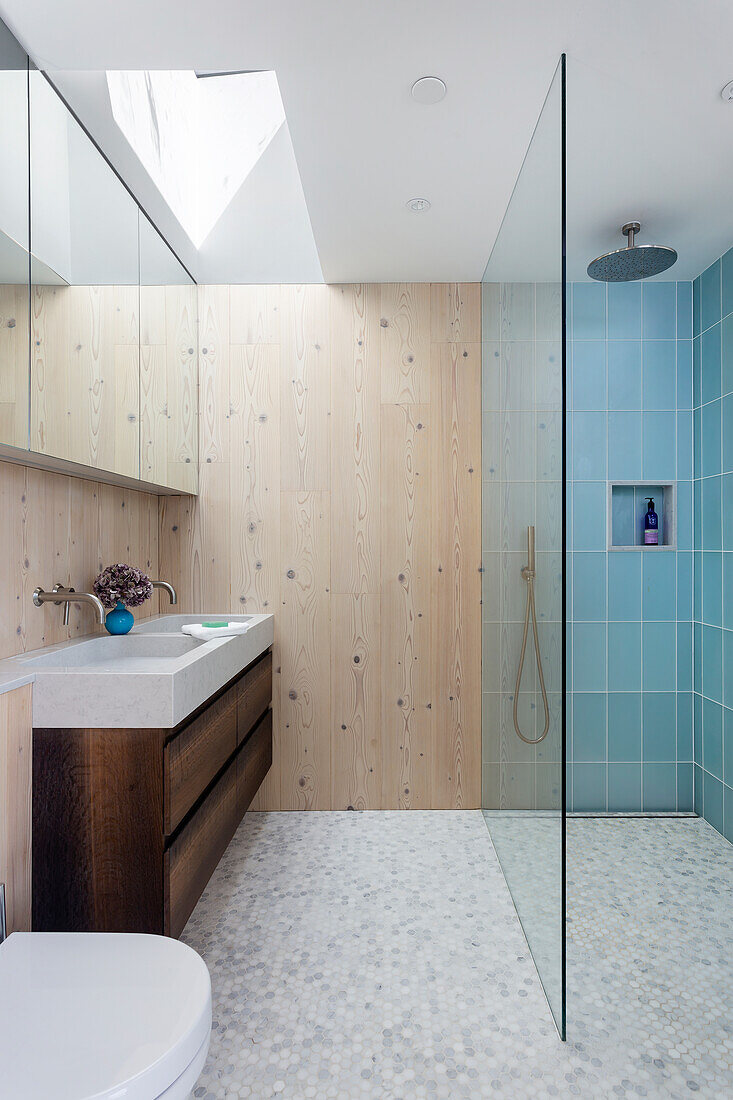 A narrow shower in a small bathroom with a skylight and wooden walls