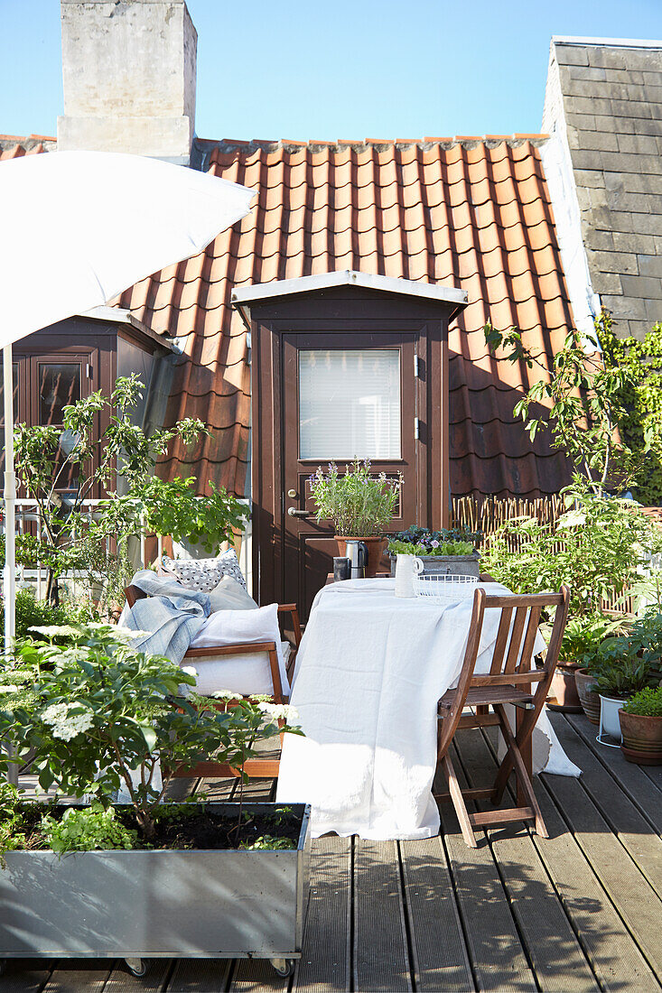 Tisch mit weißer Tischdecke, Stuhl und Bank auf bepflanzter Dachterrasse