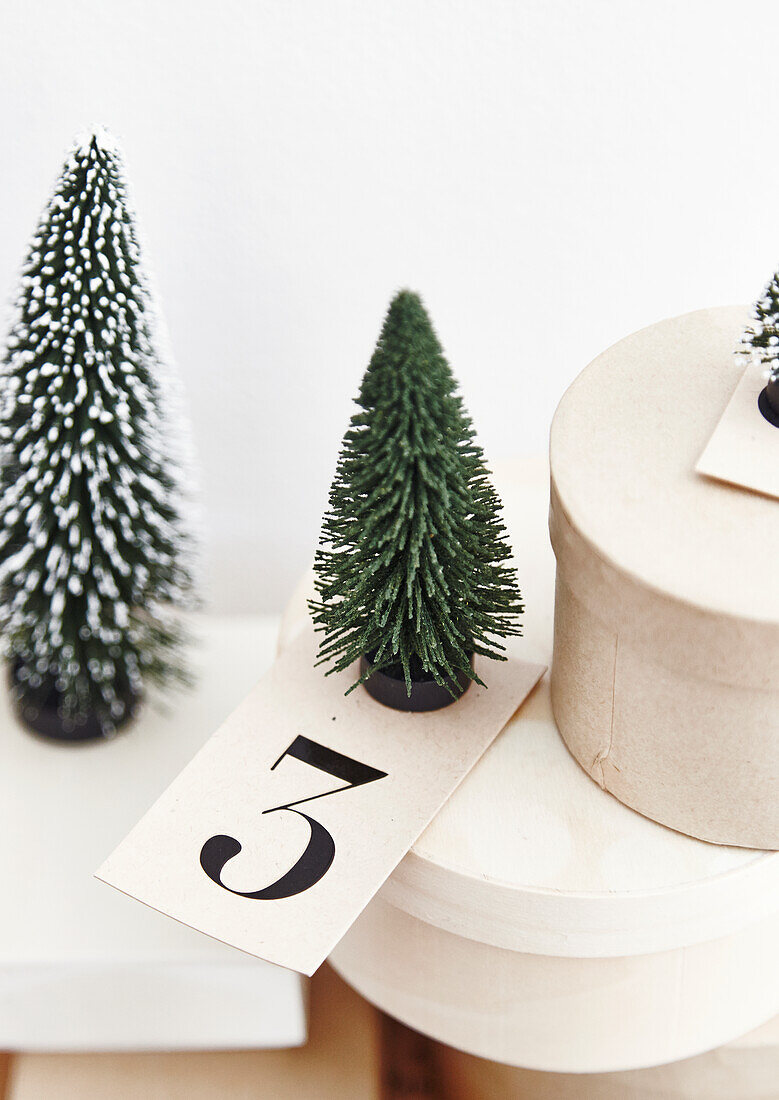 Miniatur-Weihnachtsbäume, Karte mit Zahl, runde Schachteln