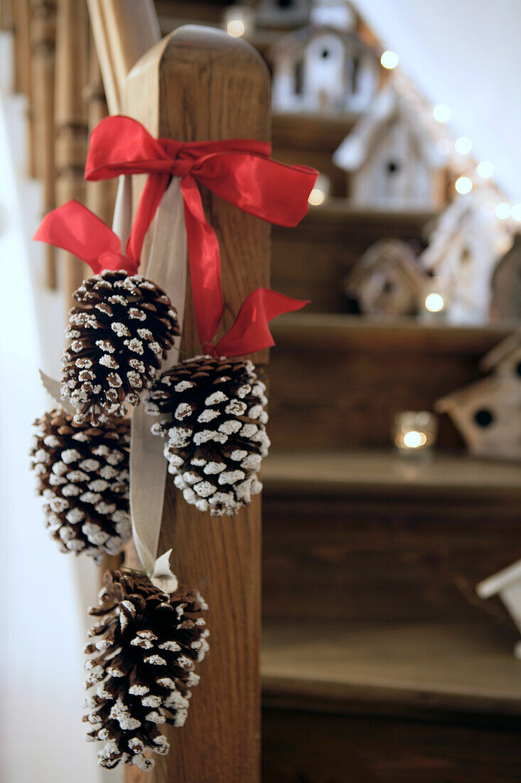 Pine cones with bows on wooden staircase, illuminated birdhouses in the background