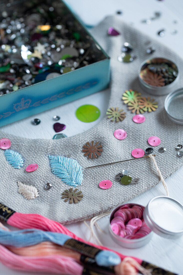 Emboidery with sequins and thread, home craftng and sewing