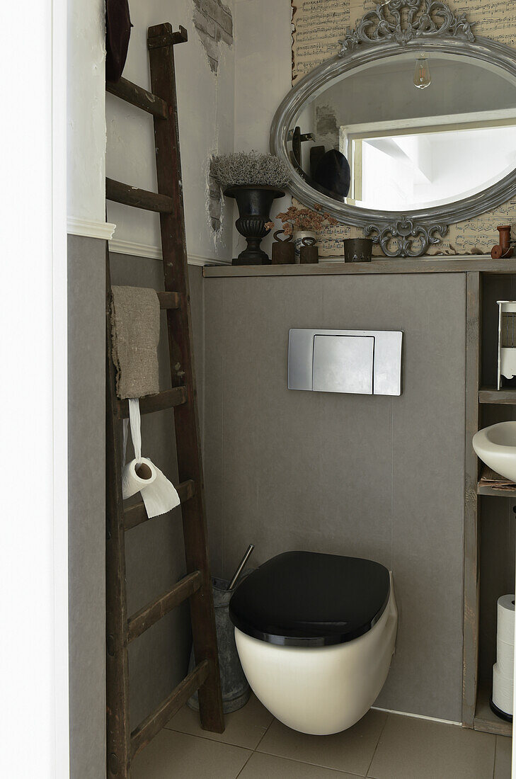Ladder user as shelves next to toilet in grey bathroom with vintage-style decorations